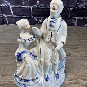 Vintage Porcelain Victorian Couple Figurine in White and Blue with Gold Trim